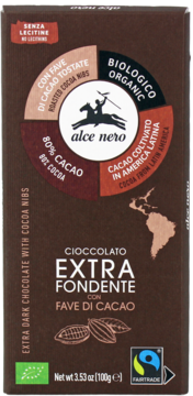 Alce Nero organic 80% extra dark chocolate, no lecithin, roasted cocoa nibs, brown packaging, front view.