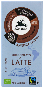 Alce Nero Cioccolato al Latte, czekolada mleczna 36% kakao, organiczna, Fairtrade, widok z przodu.