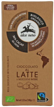 Alce Nero mleczna czekolada BIO Fairtrade, z całymi orzechami laskowymi i 36% kakao. Widok z przodu.