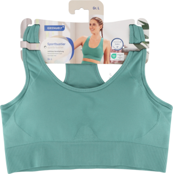 Miętowy biustonosz sportowy z szerokimi ramiączkami i prążkowanym pasem, widok z przodu z opakowaniem.