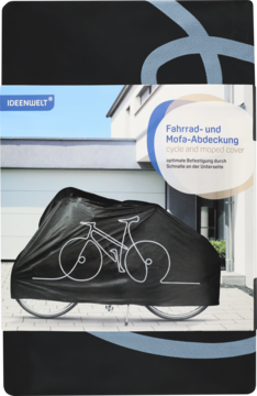 Plandeka Ideenwelt Fahrrad- i Mofa-Abdeckung, czarna z białym rysunkiem roweru, na rowerze przed garażem.