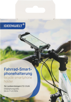 Białe opakowanie uchwytu rowerowego IDEENWELT na smartfon, z grafiką uchwytu na kierownicy, widok z przodu.