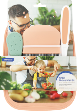 ideenwelt Zestaw kuchenny dla dzieci: pastelowe, bezpieczne narzędzia z tworzywa w etui, na pudełku tata z synem w kuchni.