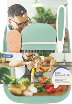 Opakowanie miętowego zestawu kuchennego dla dzieci ideenbubu: plastikowa deska, nóż, obieraczka, gąbka.