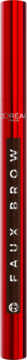 Czerwony pisak NYX Faux Brow Dark Brunette, z brązową etykietą i białym logo, pionowy widok z przodu.