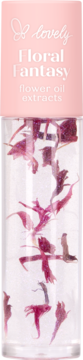 Odżywczy olejek do ust Lovely Floral Fantasy, transparentna butelka z różową nakrętką, wypełniona pływającymi różowymi płatkami kwiatów.