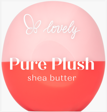 Lovely Pure Plush balsam do ust shea butter. Okrągłe, dwukolorowe opakowanie, różowo-koralowe, widok z przodu.