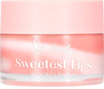 Różowy balsam do ust Lovely Sweetest Lips Avocado Butter w przezroczystym słoiczku z wirującym wzorem.