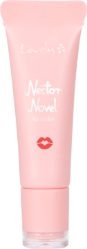 Lovely Nectar Novel ochronny balsam do ust, różowa tubka z białym napisem i czerwoną grafiką ust, przód.