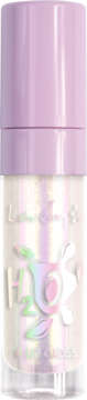 Lovely H2O Lip Gloss w przezroczystej butelce z fioletową nakrętką, widok z przodu, holograficzne logo.
