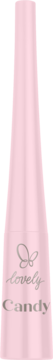 Różowy eyeliner Lovely Candy, stożkowa buteleczka ze srebrnym logo motyla i napisem, matowe wykończenie, widok z przodu.