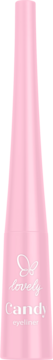 Różowy eyeliner Lovely Candy z matowym wykończeniem, w smukłej butelce z napisem i motylem, widok z przodu.