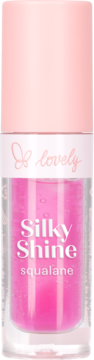 Lovely Silky Shine olejek do ust ze skwalanem. Różowy, błyszczący płyn w butelce z jasnoróżową nakrętką.