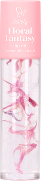 Lovely Floral Fantasy lip oil z różowymi płatkami kwiatów, przezroczysta butelka z różową nakrętką, widok z przodu.