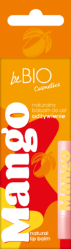 Naturalny balsam do ust BeBIO Mango w pomarańczowo-czerwonym opakowaniu z tubką, widok z przodu.