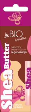 Opakowanie BeBIO Shea Butter naturalny balsam do ust regenerujący. Pionowy widok, magenta, brąz i orzechy shea.