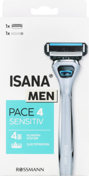 ISANA MEN PACE 4 SENSITIV maszynka do golenia dla wrażliwej skóry, widoczna w białym pudełku z niebieskim tłem.