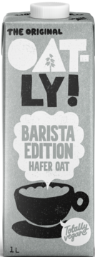 Oatly Barista Edition, wegański napój owsiany dla baristów w szarym kartonie 1L, z grafiką filiżanki.
