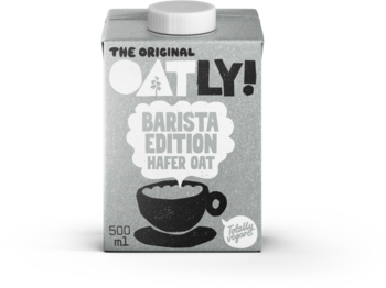 Szary karton Oatly! Barista Edition 500ml, napój owsiany do spieniania kawy, z logo filiżanki. Widok z przodu.