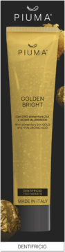 Piuma Golden Bright złota pasta do zębów w tubce z 24k złotem i kwasem hialuronowym, widok z przodu.