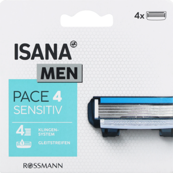 Wkłady do maszynki Isana Men Pace 4 Sensitiv, 4 chromowane ostrza, pasek nawilżający, biało-turkusowe opak.
