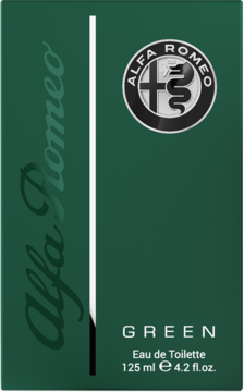 Alfa Romeo Green Eau de Toilette, męska woda toaletowa 125 ml, ciemnozielone pudełko, widok z przodu.