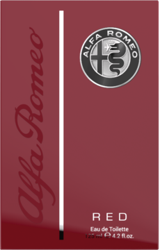 Czerwone opakowanie męskiej wody toaletowej Alfa Romeo Red 125 ml z białym paskiem, logo i nazwą, widok z przodu.