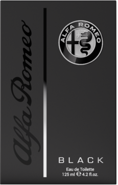 Czarne, matowe pudełko męskiej wody toaletowej Alfa Romeo Black 125 ml. Widoczny front z logo i napisem.