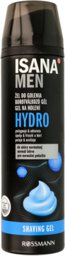 Czarny żel do golenia ISANA MEN HYDRO w butelce, z niebieskim napisem i grafiką, widok z przodu.