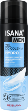 ISANA MEN Żel do golenia Hydro w czarno-niebieskiej puszce, nawilżający, do normalnej skóry, widok z przodu.
