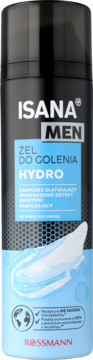 Isana Men Hydro Żel do Golenia w czarno-niebieskiej puszce, przód, z grafiką piany i opisem kompleksu nawilżającego.