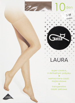 Opakowanie rajstop Gatta Laura 10 den w kolorze golden, ze zdjęciem nóg w rajstopach, z logo Lycra.