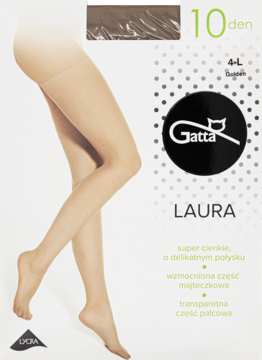Cienkie rajstopy Gatta Laura 10 den w kolorze golden, na białym opakowaniu nogi modelki, delikatny połysk.