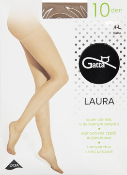 Opakowanie rajstop Gatta Laura 10 den, daino. Nogi modelki, białe tło z szarymi kropkami, subtelny połysk.