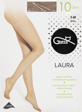 Gatta Laura 10 den rajstopy daino, opakowanie z nogami w cielistych rajstopach Lycra, delikatny połysk.