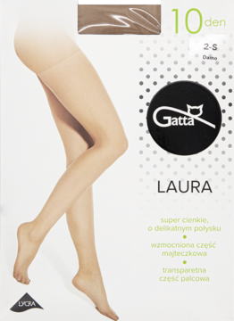Gatta Laura 10 den cienkie rajstopy daino, rozmiar 2-S, opakowanie z grafiką nóg w cielistych rajstopach.