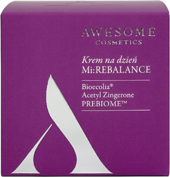 Krem na dzień Mi:REBALANCE od Awesome Cosmetics, fioletowe pudełko z logo "A" i tekstem, widok z przodu.