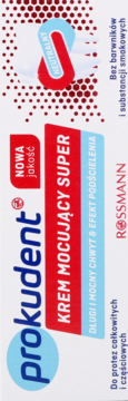 prokudent Super mocujący krem do protez, biało-czerwone opakowanie Rossmann, widok przód, neutralny, bez barwników.