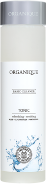 Organique Basic Cleanser Tonik do twarzy z aloesem i pantenolem, biała butelka, srebrna zakrętka, widok z przodu.