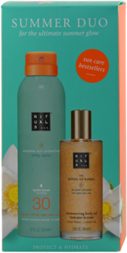RITUALS... Summer Duo ,zestaw do opalania, mleczko w sprayu SPF30, połyskujący olejek,przód