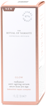 Rituals The Ritual of Namaste Glow anti-ageing serum box, white with rose gold details, Bakuchiol Repair Complex.