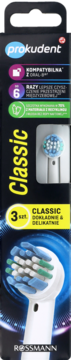 Pudełko wkładow Prokudent Classic do szczoteczek elektrycznych (3 szt.), z biało-zielono-niebieskimi włóknami.