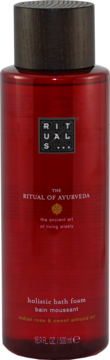 Czerwony płyn do kąpieli Rituals The Ritual of Ayurveda, z różą indyjską i olejkiem migdałowym, widok z przodu.