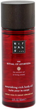 Red RITUALS Ritual of Ayurveda nourishing body oil with Indian Rose & Sweet Almond Oil, wooden cap.