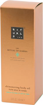 Rituals The Ritual of Karma shimmering body oil z kwiatem lotosu i białą herbatą, złote opakowanie, widok z przodu.