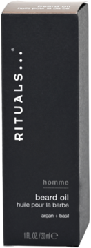 Rituals Homme beard oil z arganem i bazylią, 30ml, w ciemnoszarym matowym opakowaniu, widok z przodu.