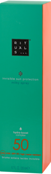 Rituals sun protection milky spray SPF 50 in green-blue box, front view with coral side visible.