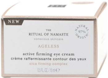 Ritual of Namaste Ageless, ujędrniający krem pod oczy w beżowym pudełku, widok z przodu, napis NEW.