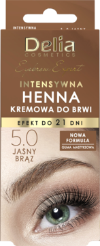 Opakowanie Delia Henna Kremowa do Brwi 5.0 Jasny Brąz, przód, z okiem modelki i efektem do 21 dni.