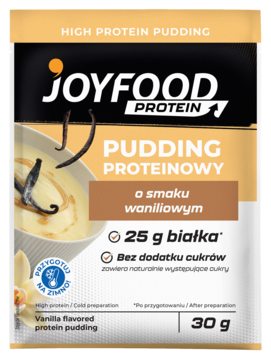 Joyfood Protein Pudding waniliowy 30g, 25g białka, bez cukru, beżowo-biała saszetka z puddingiem.